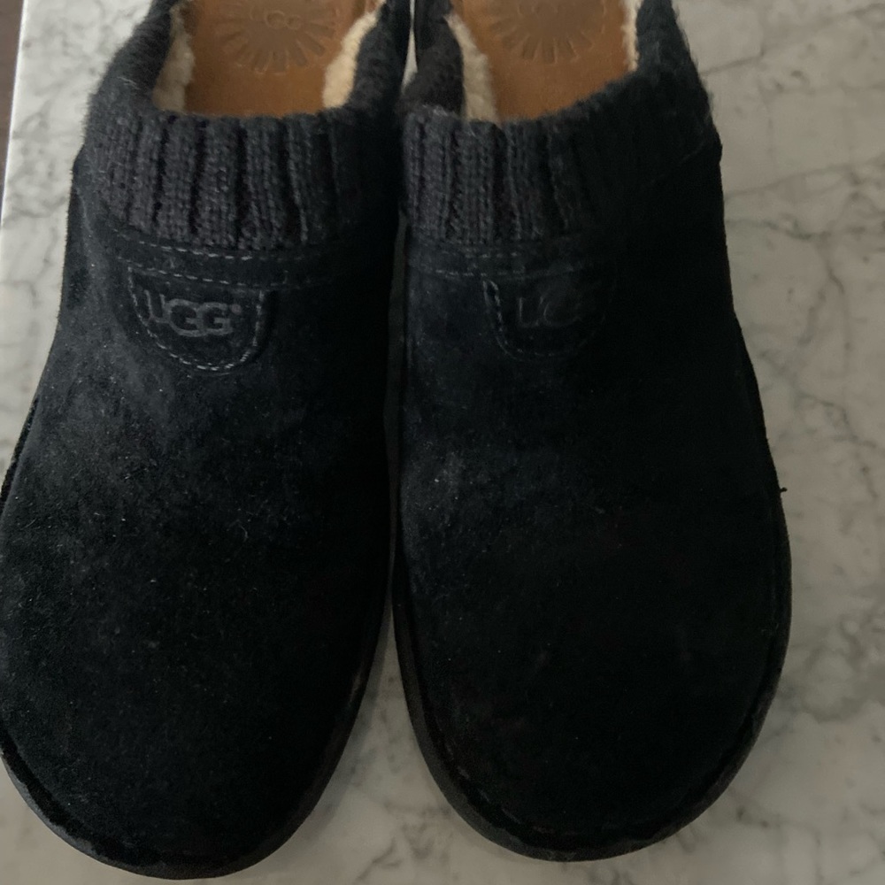 UGG Black Suede Leather Wedge Mule Clogs